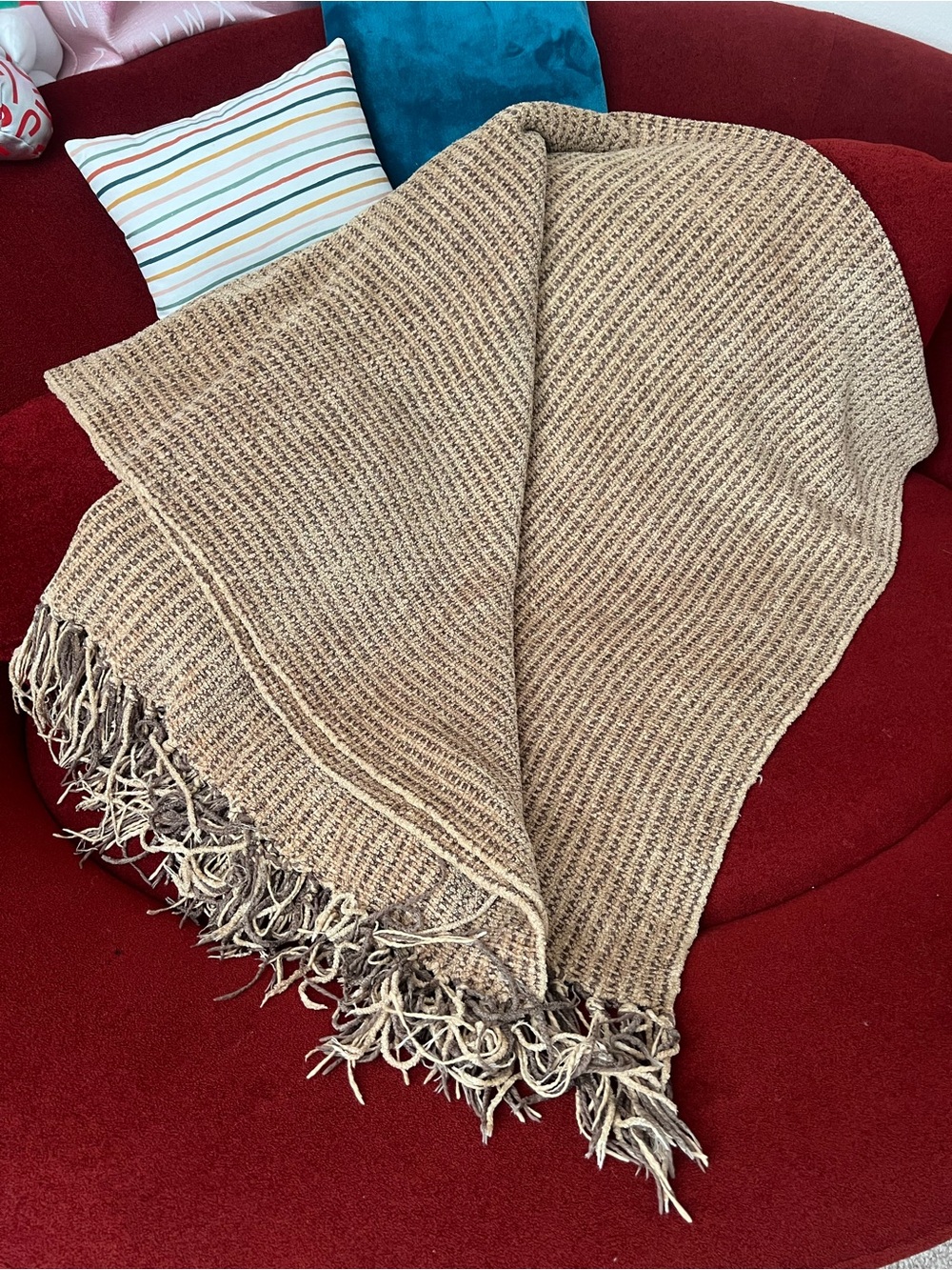 Restoration Hardware 5lb Beige & Brown Chenille Woven Fringe Throw - Picture 4 of 9